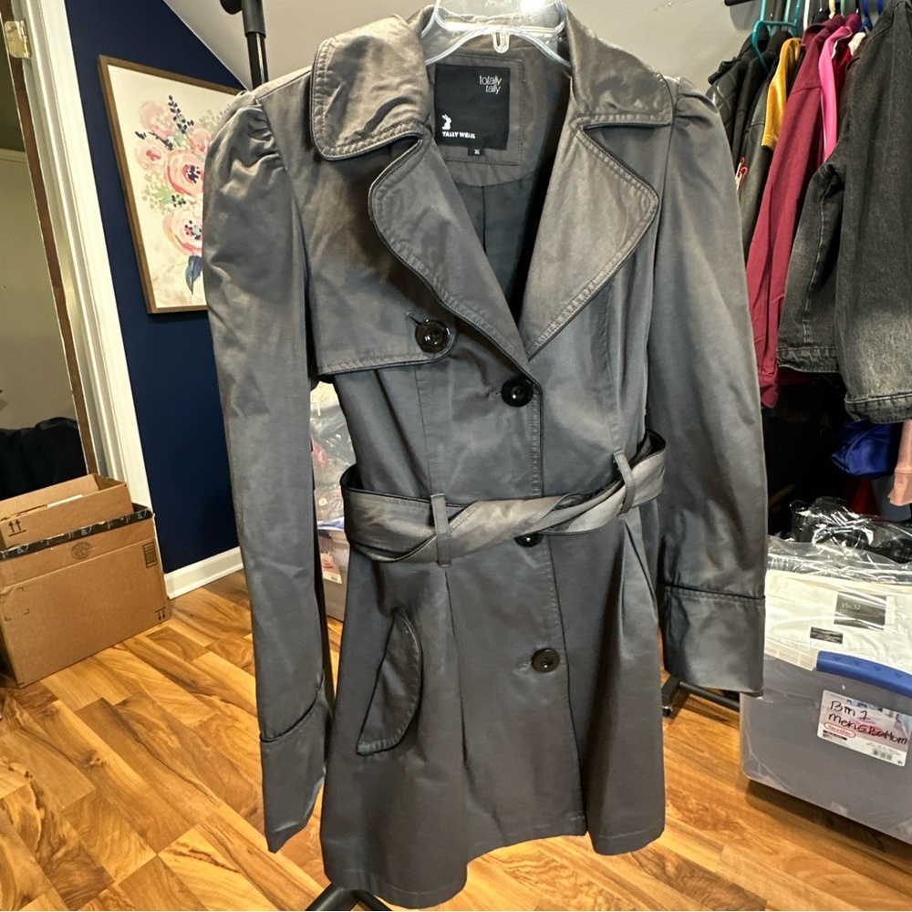 TALLY WEIJL Sz Small (36) Gray Belted Trench Coat‎ Totally Tally Art N Masalady